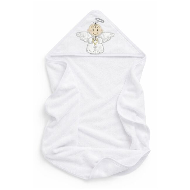 Prosop bebe alb cu gluga pentru botez bumbac moale broderie ingeras trpb0169