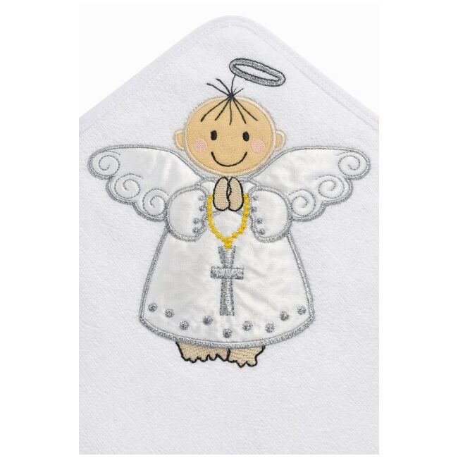 Prosop bebe alb cu gluga pentru botez bumbac moale broderie ingeras trpb0169