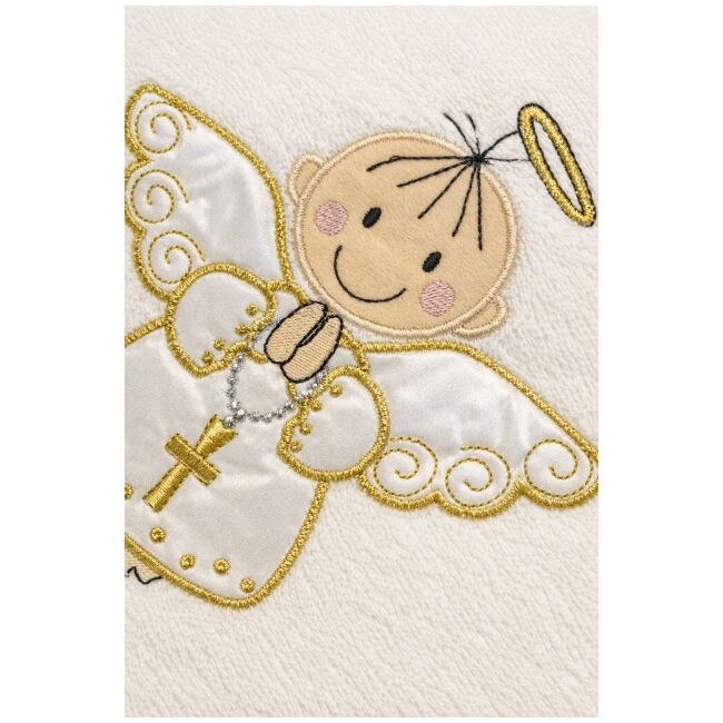 Prosop botez bebe crem cu gluga broderie ingeras bumbac pufos absorbant nou nascut trpb0170