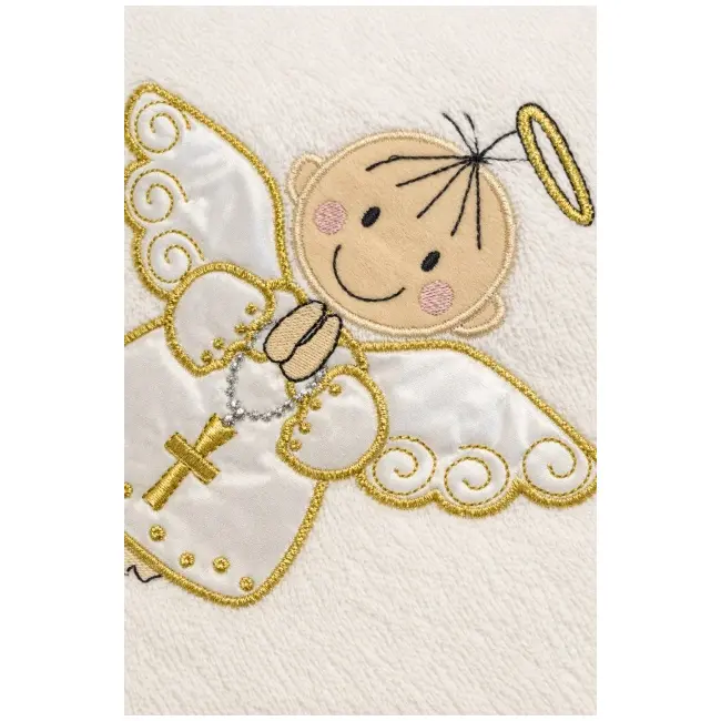 Prosop botez bebe crem cu gluga broderie ingeras bumbac pufos absorbant nou nascut trpb0170