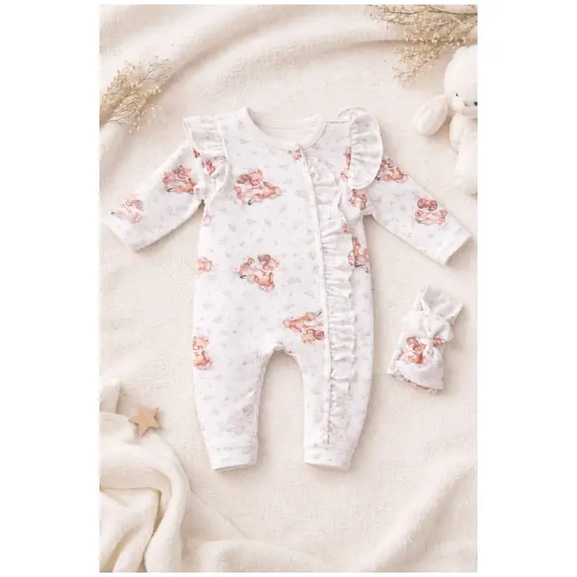 Salopeta bebe fetite cu volane bumbac set cu bentita imprimeu ursulet  trpb0126