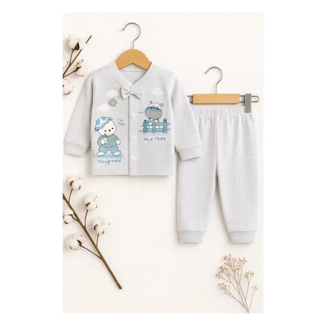Set bebe bumbac 2 piese bluza cu papion pantaloni gri  trpb0164-cp1