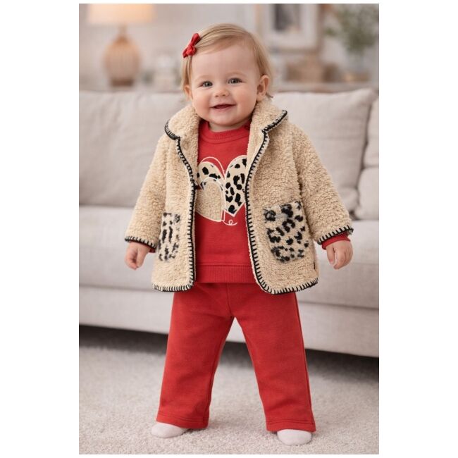 Set bebe fetita 3 piese cu jacheta teddy bluza si pantaloni rosii tinuta calduroasa iarna trpb0171