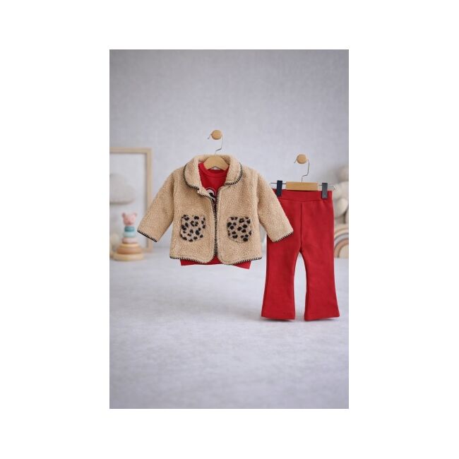 Set bebe fetita 3 piese cu jacheta teddy bluza si pantaloni rosii tinuta calduroasa iarna trpb0171