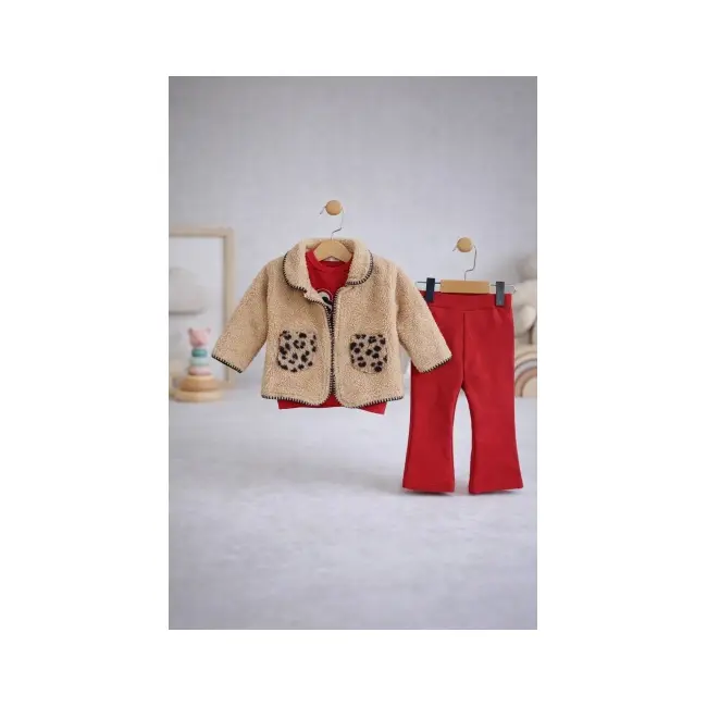 Set bebe fetita 3 piese cu jacheta teddy bluza si pantaloni rosii tinuta calduroasa iarna trpb0171