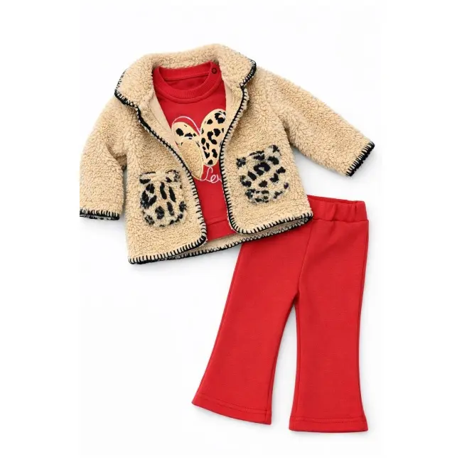Set bebe fetita 3 piese cu jacheta teddy bluza si pantaloni rosii tinuta calduroasa iarna trpb0171