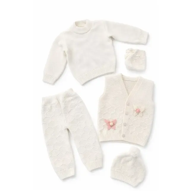 Set bebe tricotat 6 piese alb paturica vesta bluza pantaloni caciula botosei trpb0175