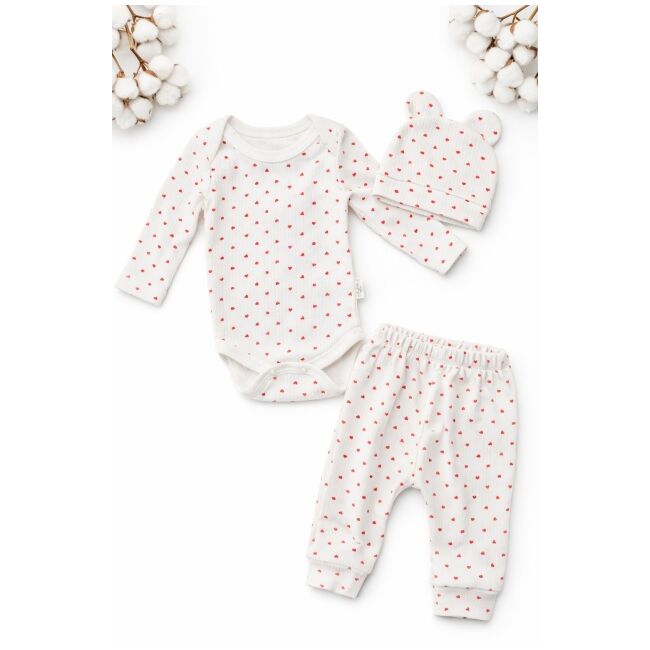 Set bebelus 3 piese body pantaloni caciula bumbac ribat cu inimioare trpb0159
