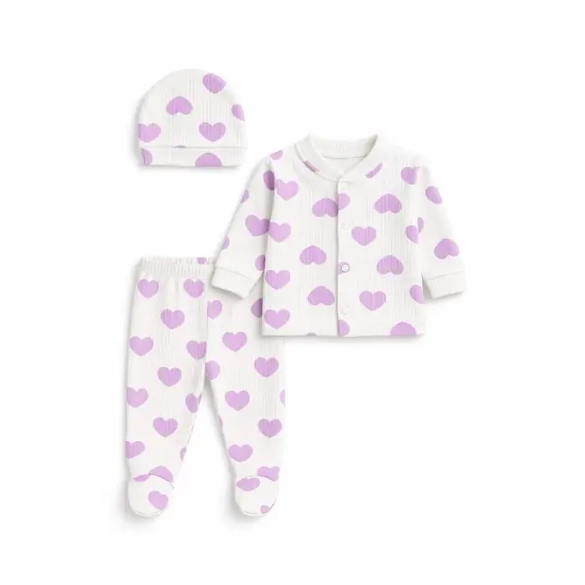 Set bebelus 3 piese bumbac inimioare lila bluza pantaloni caciula trpb0141
