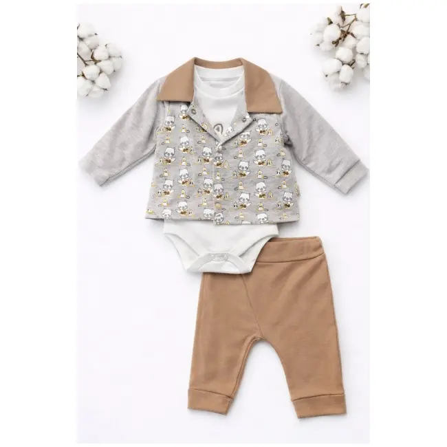 Set bebelus baietel 3 piese body sacou pantaloni bumbac elegant maro trpb0128