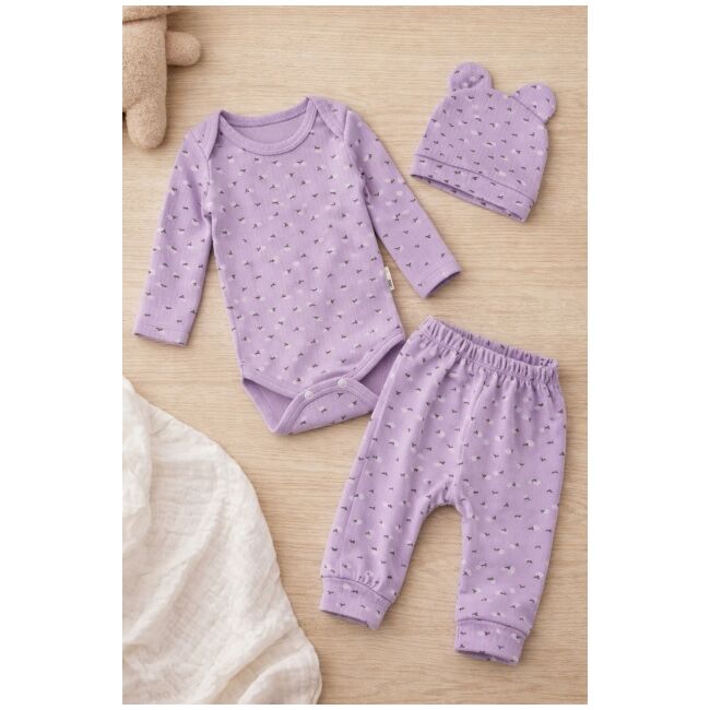 Set bebelus fetita 3 piese body pantaloni caciula bumbac ribat lila trpb0160