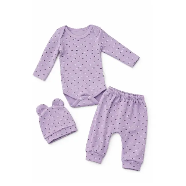 Set bebelus fetita 3 piese body pantaloni caciula bumbac ribat lila trpb0160