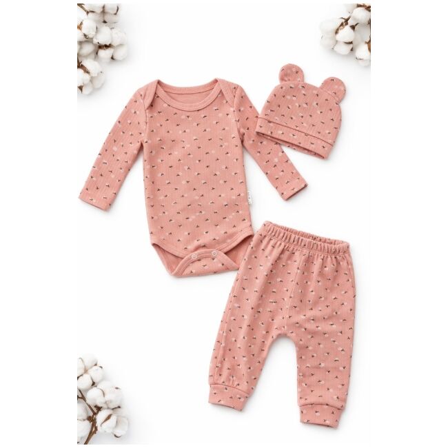 Set bebelus fetita 3 piese body pantaloni caciula bumbac ribat roz pudra trpb0161