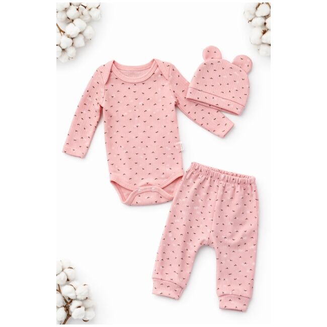 Set bebelus fetita 3 piese body pantaloni caciula bumbac ribat roz somon trpb0162