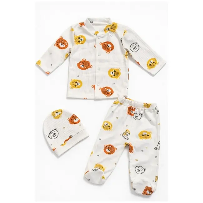 Set bebelus unisex 3 piese bumbac ribat cu animalute bluza pantaloni caciula trpb0157