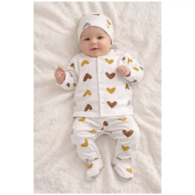 Set bebelus unisex 3 piese bumbac ribat cu inimioare bluza pantaloni caciula trpb0158