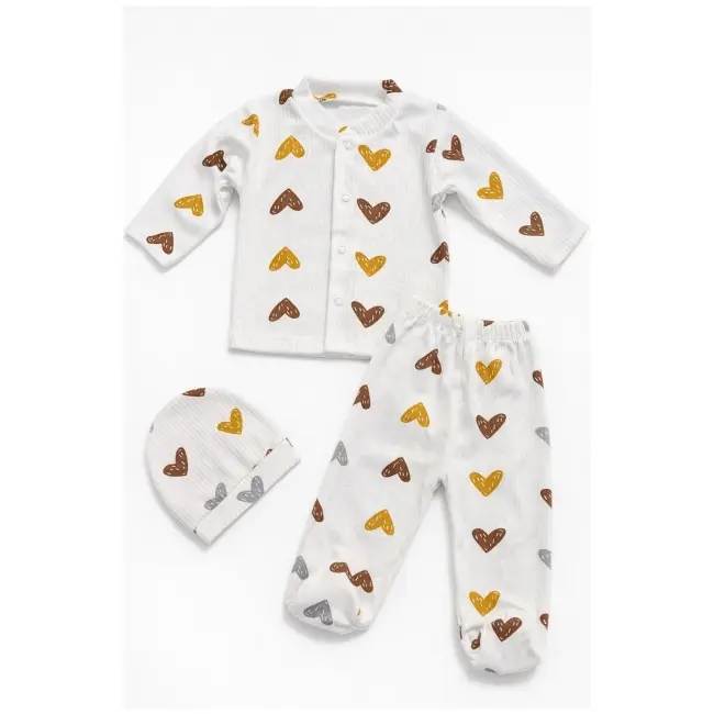 Set bebelus unisex 3 piese bumbac ribat cu inimioare bluza pantaloni caciula trpb0158