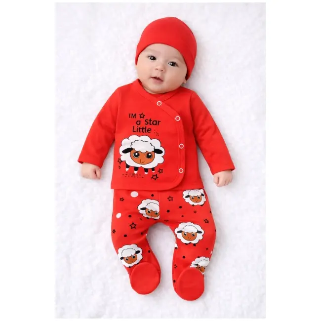 Set bebelusi 3 piese corai bumbac oita bluza pantaloni cu botosei si caciula trpb0147