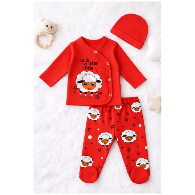 Set bebelusi 3 piese corai bumbac oita bluza pantaloni cu botosei si caciula trpb0147