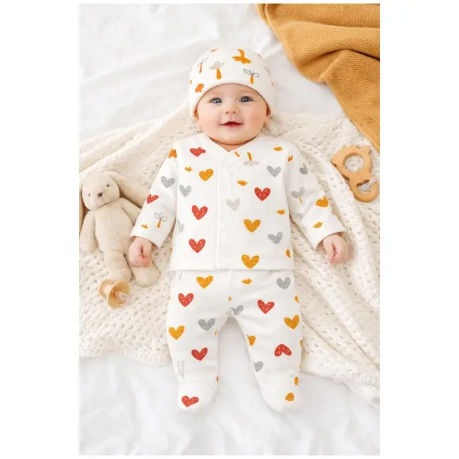 Set bebelusi 3 piese inimioare colorate bumbac bluza pantaloni cu botosei caciula trpb0145