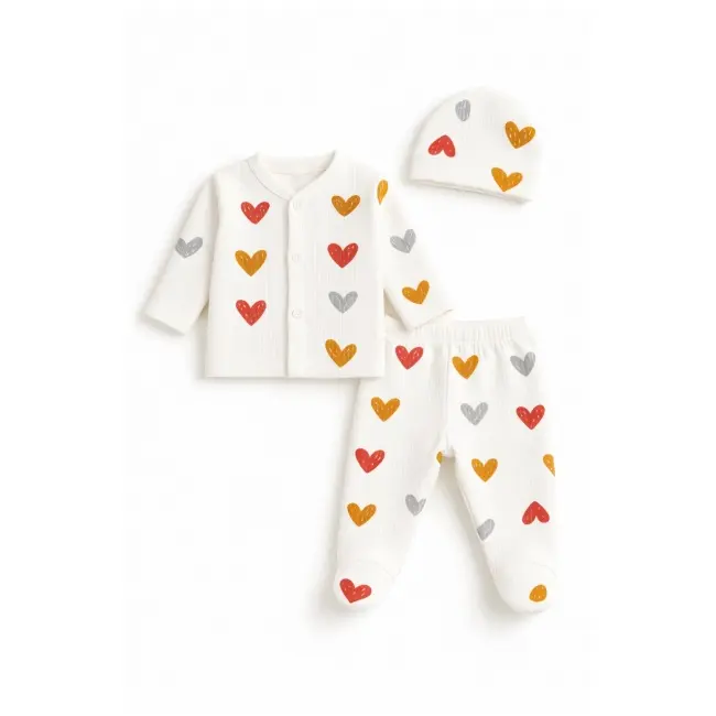 Set bebelusi 3 piese inimioare colorate bumbac bluza pantaloni cu botosei caciula trpb0145