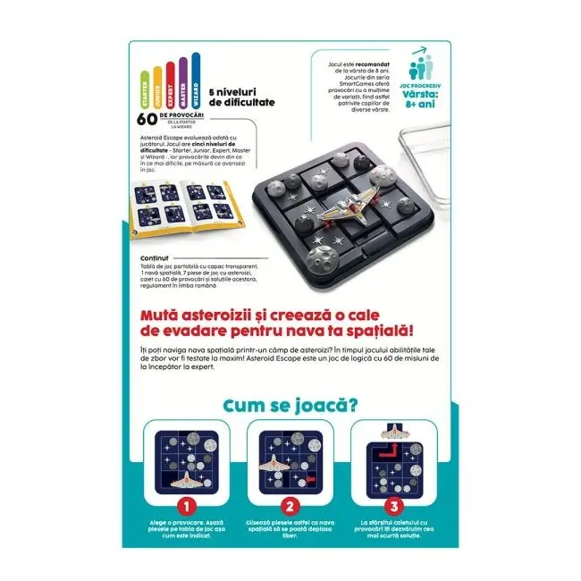 Smart games - asteroid escape, joc de logica cu 60 de provocari, 8+ ani, editie lb. romana - okesg426ro