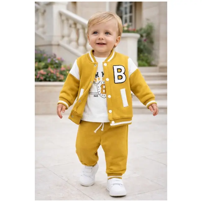 Trening baieti 3 piese galben jacheta bluza pantaloni bumbac casual sport trpb0177