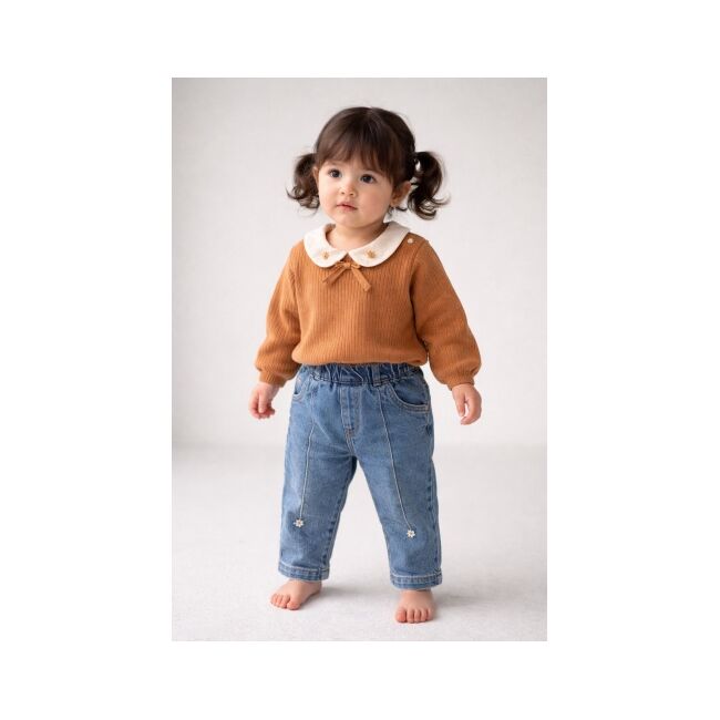 Costum tricotat missolix pentru fetite, bluza cu guler decorativ si pantaloni denim, set elegant si confortabil bkr2655-1