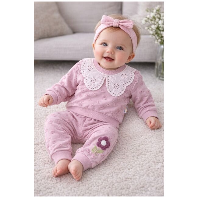 Set bebe fetita 2 piese mov bluza cu guler brodat pantaloni comozi trpb0181