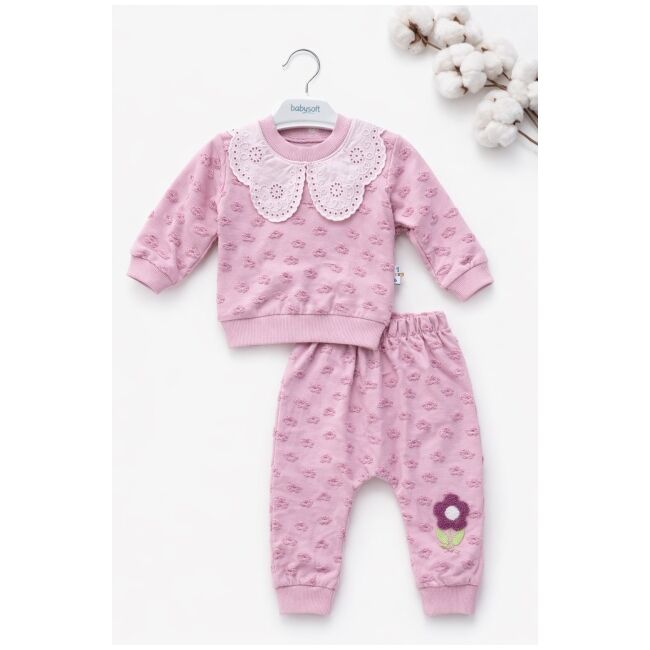Set bebe fetita 2 piese mov bluza cu guler brodat pantaloni comozi trpb0181