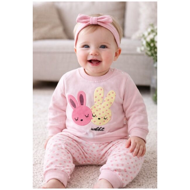 Set bebe fetita 2 piese roz cu iepurasi bluza maneca lunga pantaloni bumbac trpb0183