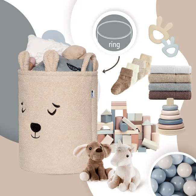 Cos Premium Fluffy Toy Boucle Bear, 43 litri, pliabil cu manere rezistente, Beige