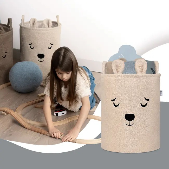 Cos Premium Fluffy Toy Boucle Bear, 43 litri, pliabil cu manere rezistente, Beige