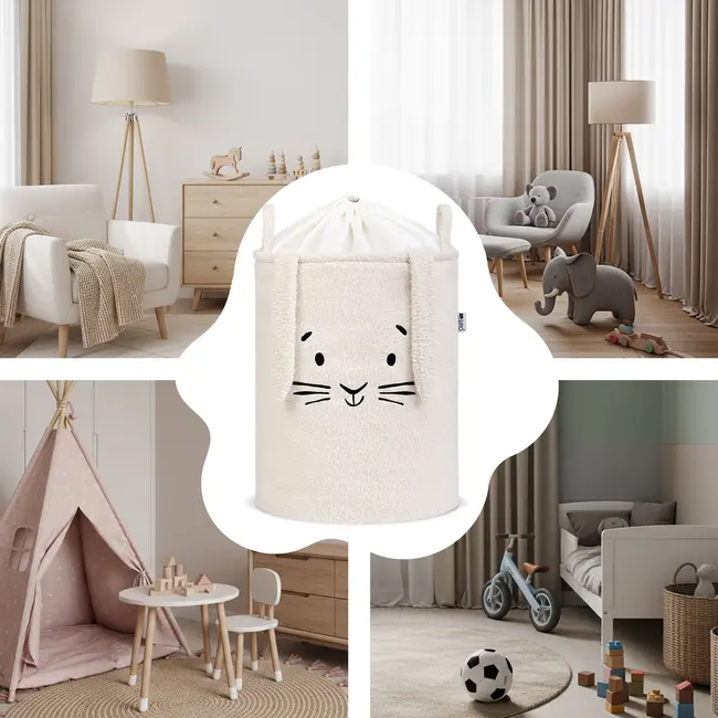 Cos Premium Fluffy Toy Boucle Rabbit, 43 litri, pliabil cu manere rezistente, Cream