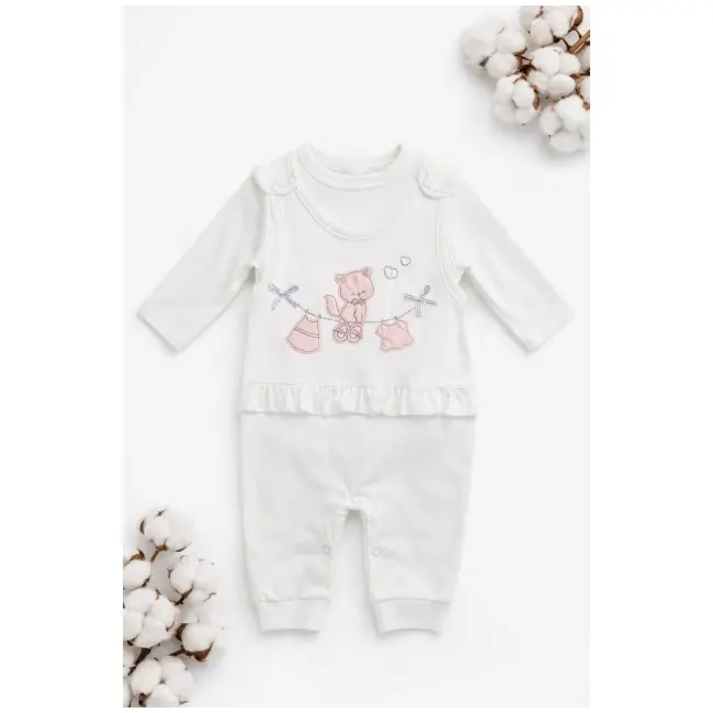 Salopeta bebe alba bumbac bluza cu maneca lunga broderie delicata si sosete trpb0185