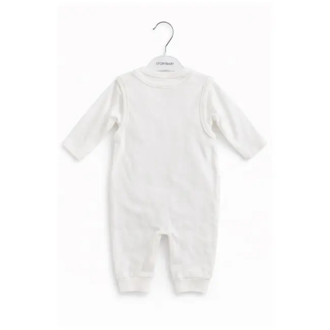 Salopeta bebe alba bumbac bluza cu maneca lunga broderie delicata si sosete trpb0185