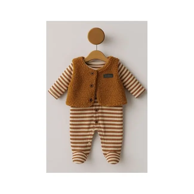 Salopeta bebe cu dungi maro si vesta pufoasa bymurat, costum calduros si confortabil pentru sezon rece bt10125-1-29