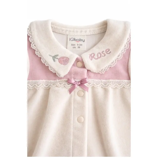 Salopeta bebe fetita crem catifea cu guler brodat maneca lunga inchidere capse trpb0187