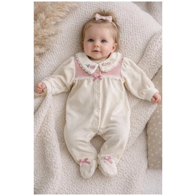 Salopeta bebe fetita crem catifea cu guler brodat maneca lunga inchidere capse trpb0187