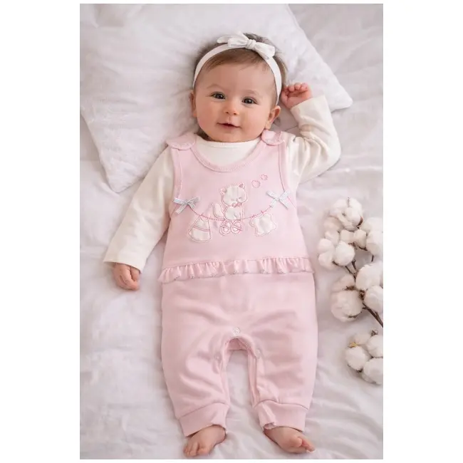 Salopeta bebe fetita roz bumbac cu bluza integrata broderie delicata inchidere capse trpb0186