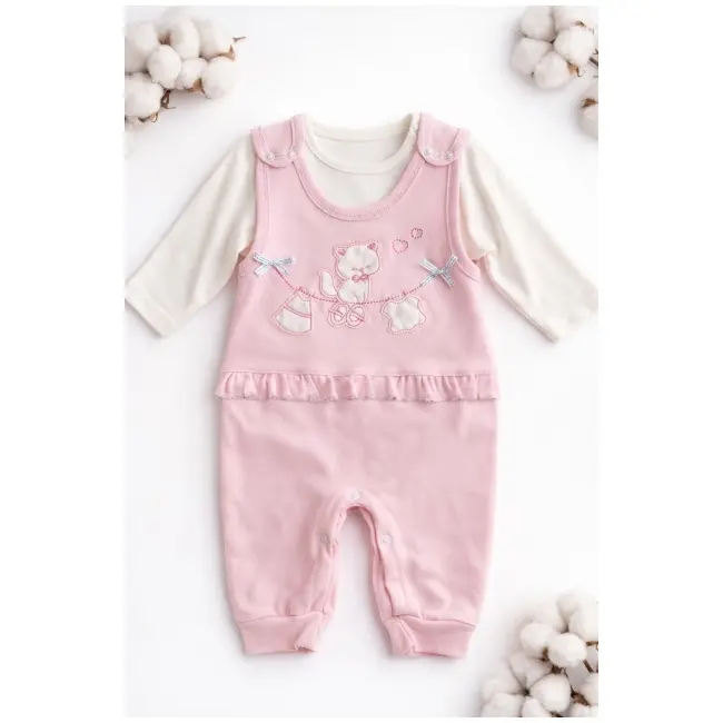Salopeta bebe fetita roz bumbac cu bluza integrata broderie delicata inchidere capse trpb0186