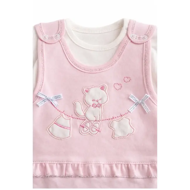 Salopeta bebe fetita roz bumbac cu bluza integrata broderie delicata inchidere capse trpb0186