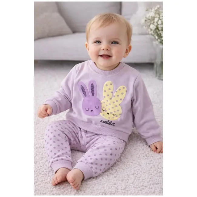 Set bebe fetita 2 piese lila cu iepurasi bluza maneca lunga pantaloni bumbac trpb0188