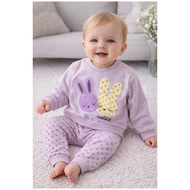 Set bebe fetita 2 piese lila cu iepurasi bluza maneca lunga pantaloni bumbac trpb0188