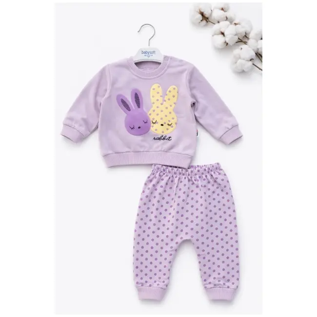 Set bebe fetita 2 piese lila cu iepurasi bluza maneca lunga pantaloni bumbac trpb0188