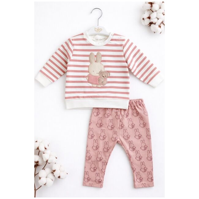 Set bebe fetita 2 piese roz cu iepuras bluza maneca lunga pantaloni bumbac trpb0184