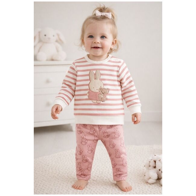 Set bebe fetita 2 piese roz cu iepuras bluza maneca lunga pantaloni bumbac trpb0184
