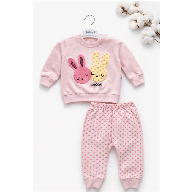 Set bebe fetita 2 piese roz cu iepurasi bluza maneca lunga pantaloni bumbac trpb0183