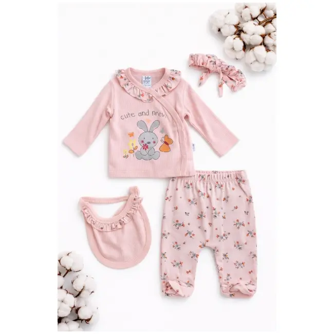 Set bebe fetita 4 piese roz bumbac bluza pantalonasi bavetica bentita imprimeu iepuras trpb0189
