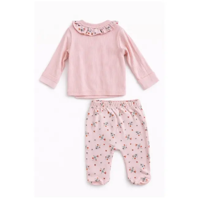 Set bebe fetita 4 piese roz bumbac bluza pantalonasi bavetica bentita imprimeu iepuras trpb0189